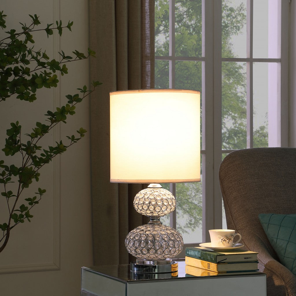 24" Chrome and Faux Crystal Double Orb Table Lamp With White Classic Drum Shade - Homeroots - Flyclothing LLC