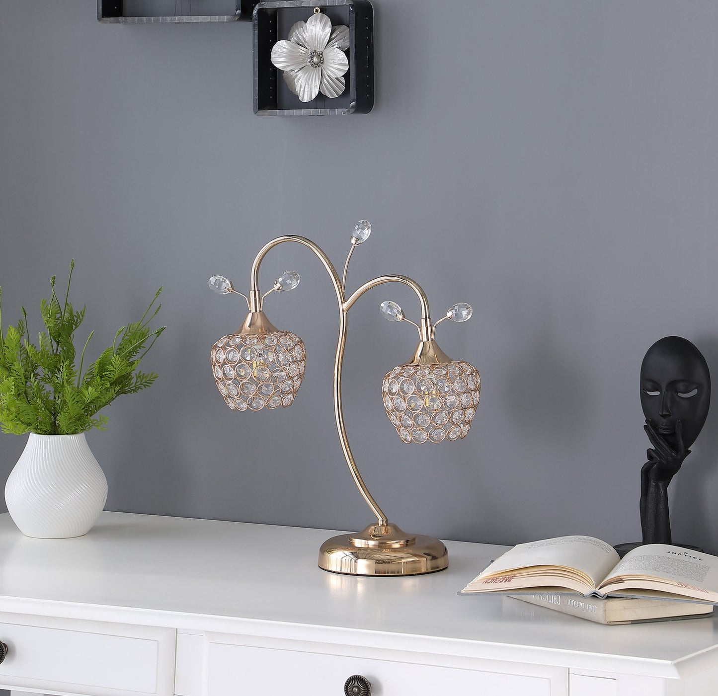17" Gold Two Light Bedside Table Lamp With Clear Novelty Shade - Homeroots - Flyclothing LLC