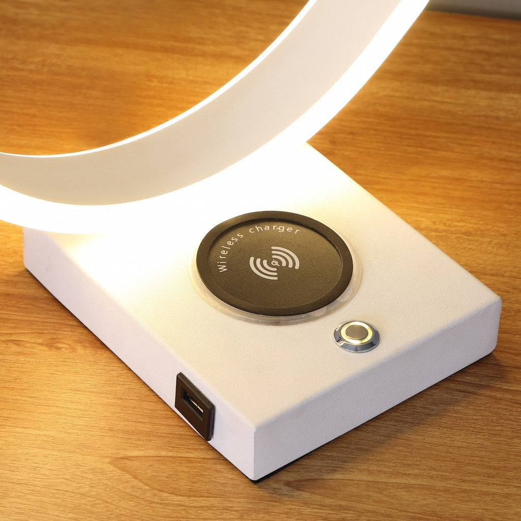 14" White Metal LED with USB Wireless Charger Table Lamp - Homeroots - Flyclothing LLC