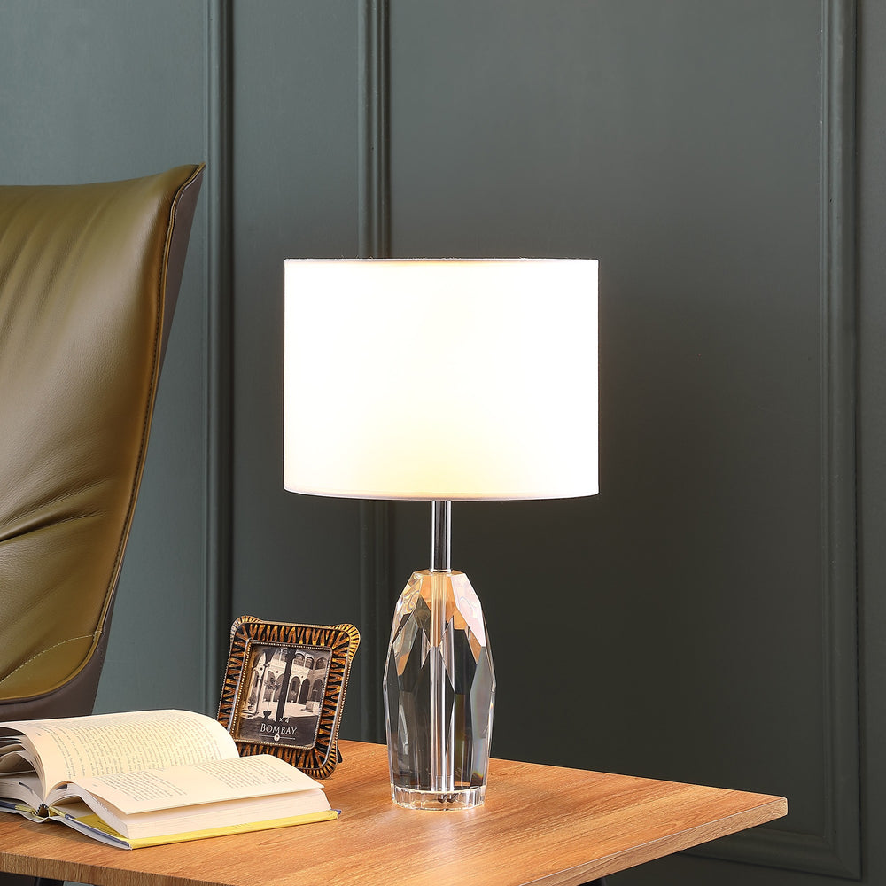 19" Chrome and Faceted Crystal Urn Table Lamp With White Drum Shade - Homeroots