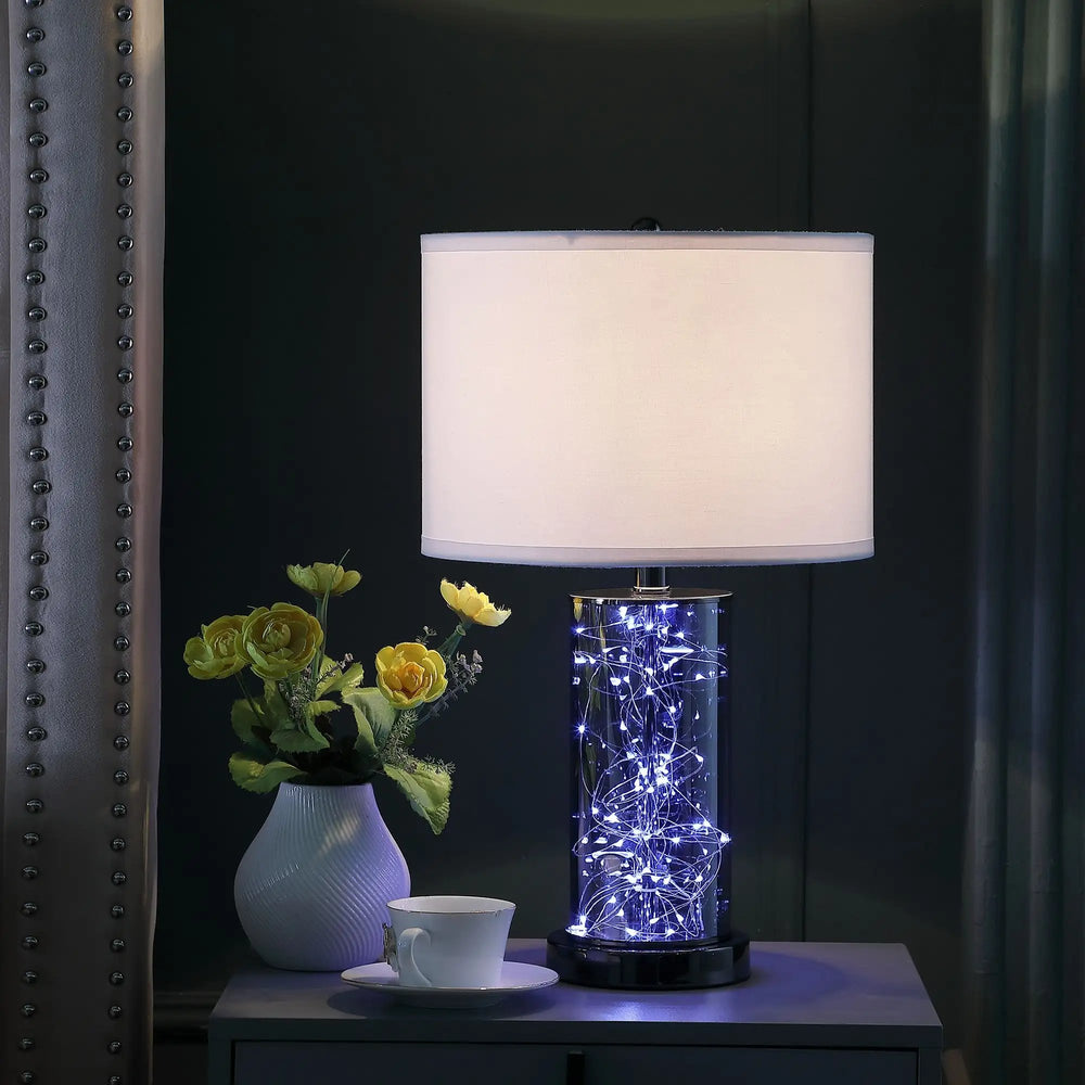 21" Glass LED Cylinder Table Lamp with Nightlight and White Drum Shade - Homeroots