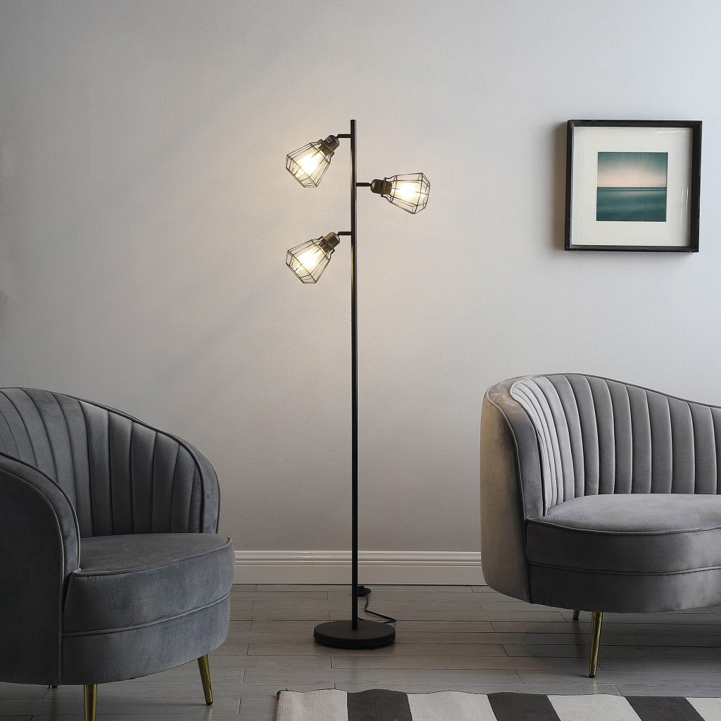 66" Black Three Light Tree Floor Lamp With Black Metal Cage Shade - Homeroots - Flyclothing LLC