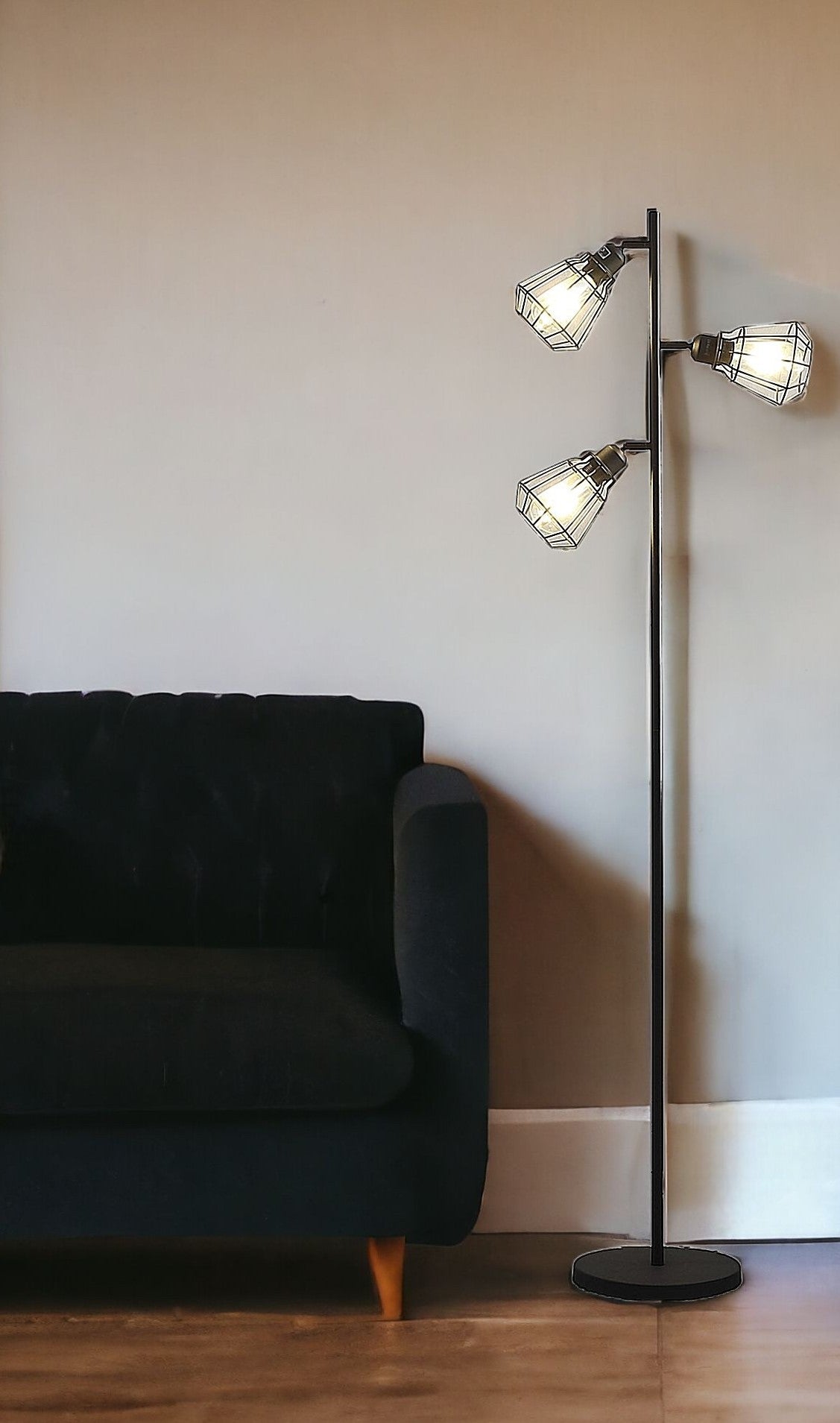 66" Black Three Light Tree Floor Lamp With Black Metal Cage Shade - Homeroots - Flyclothing LLC