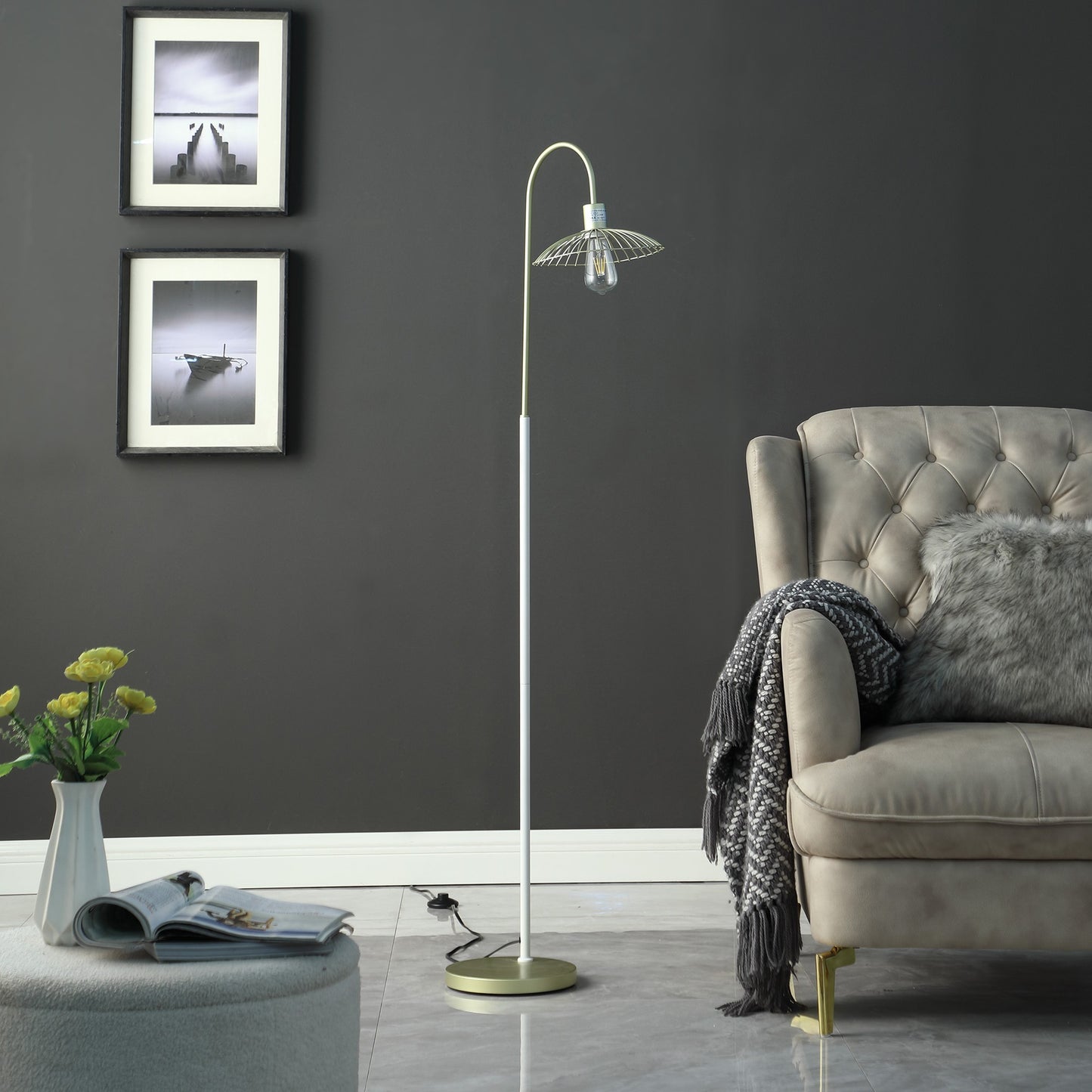 64" Gold Arched Floor Lamp With Gold Metal Cage Shade - Homeroots - Flyclothing LLC