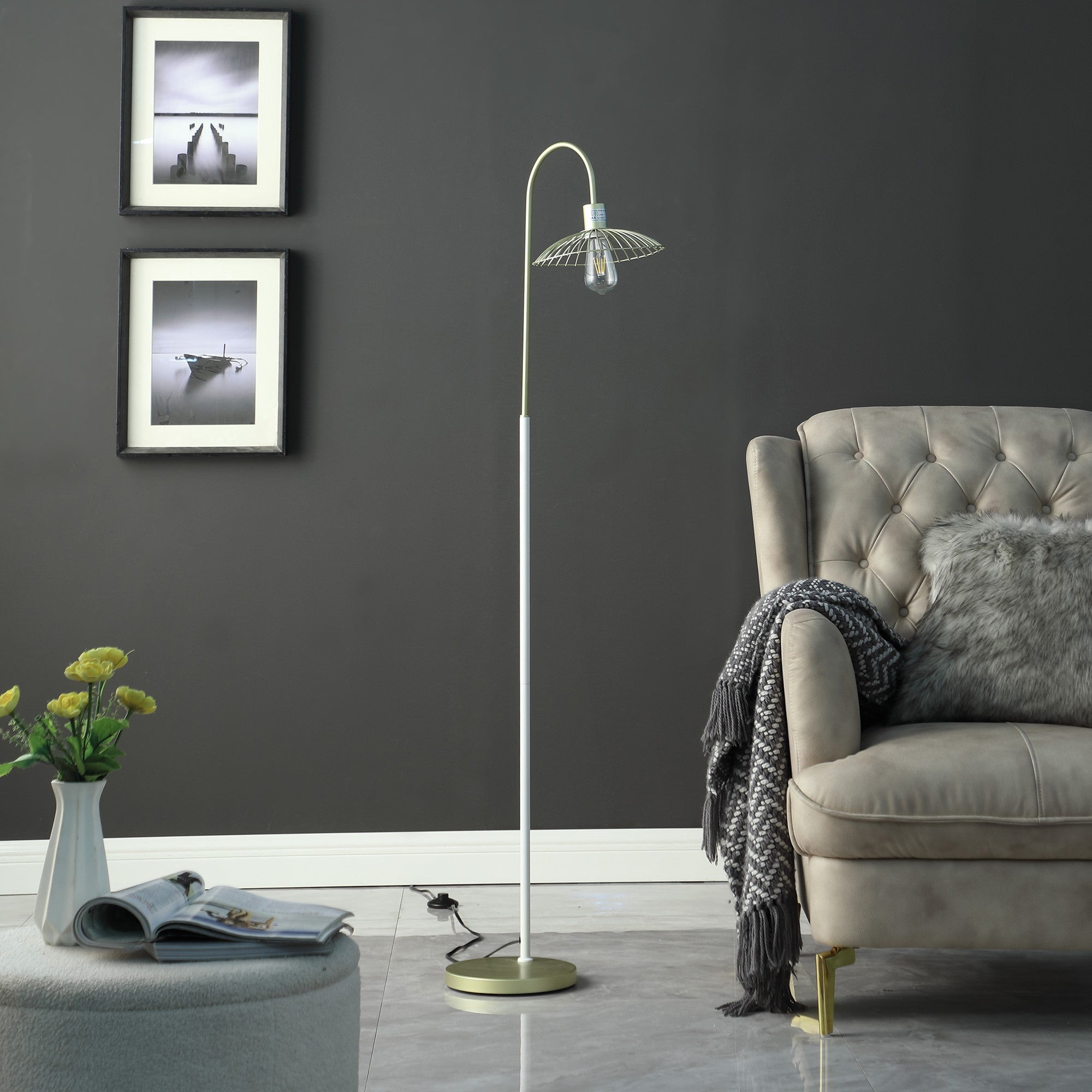 64" Gold Arched Floor Lamp With Gold Metal Cage Shade - Homeroots - Flyclothing LLC