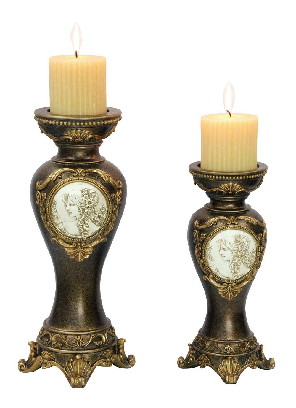 Set Of Two Bronze Greek Cameo Pillar Candle Holders - Homeroots - Flyclothing LLC