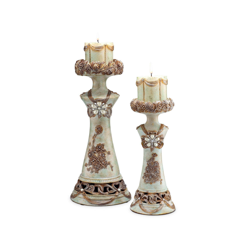 Set of 2 Beige And Brown Vintage Pillar Tabletop Candle Holders - Homeroots - Flyclothing LLC