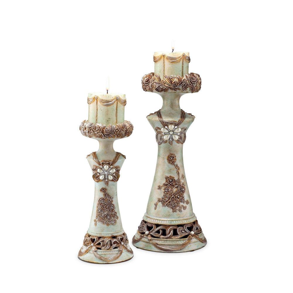Set of 2 Beige And Brown Vintage Pillar Tabletop Candle Holders - Homeroots - Flyclothing LLC
