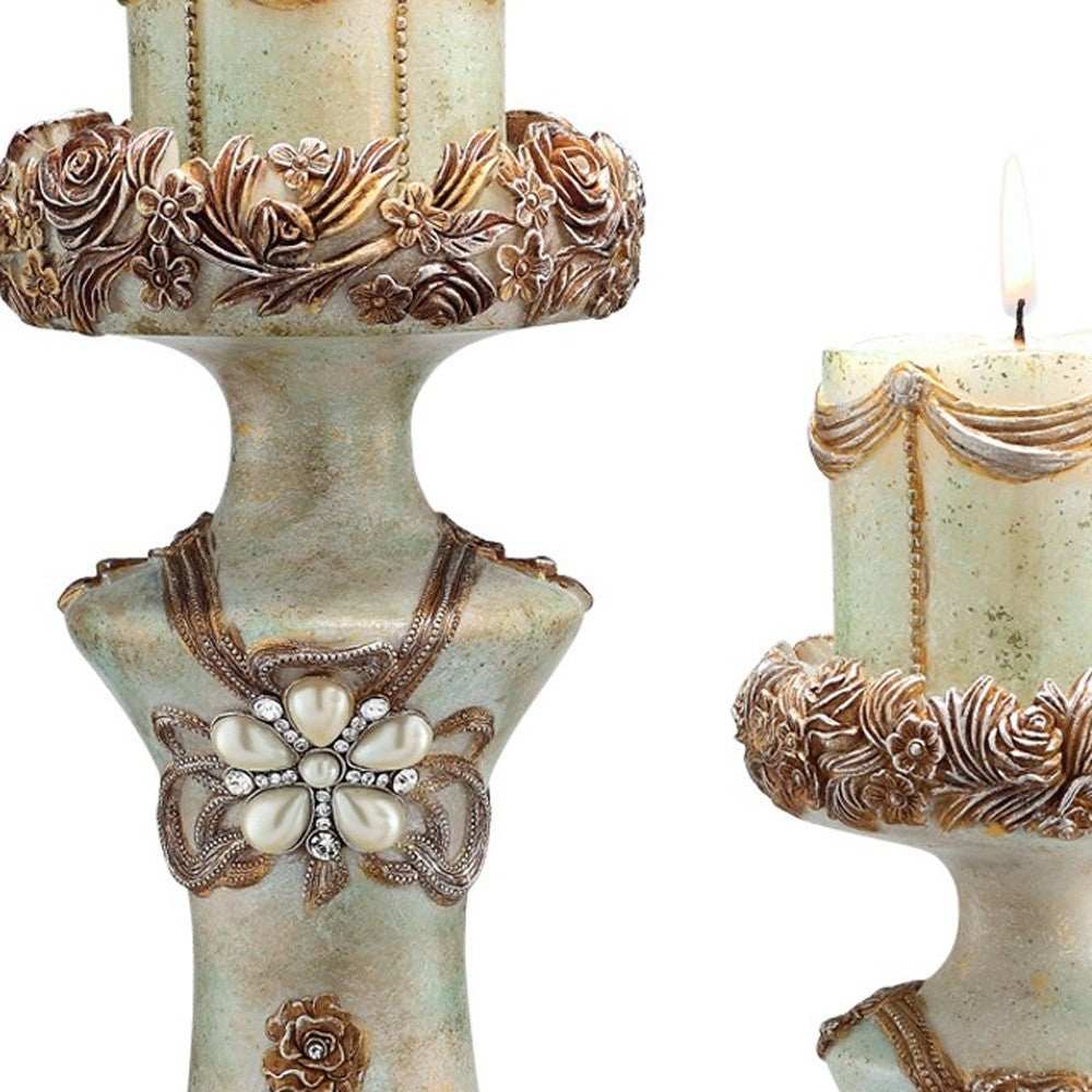 Set of 2 Beige And Brown Vintage Pillar Tabletop Candle Holders - Homeroots - Flyclothing LLC