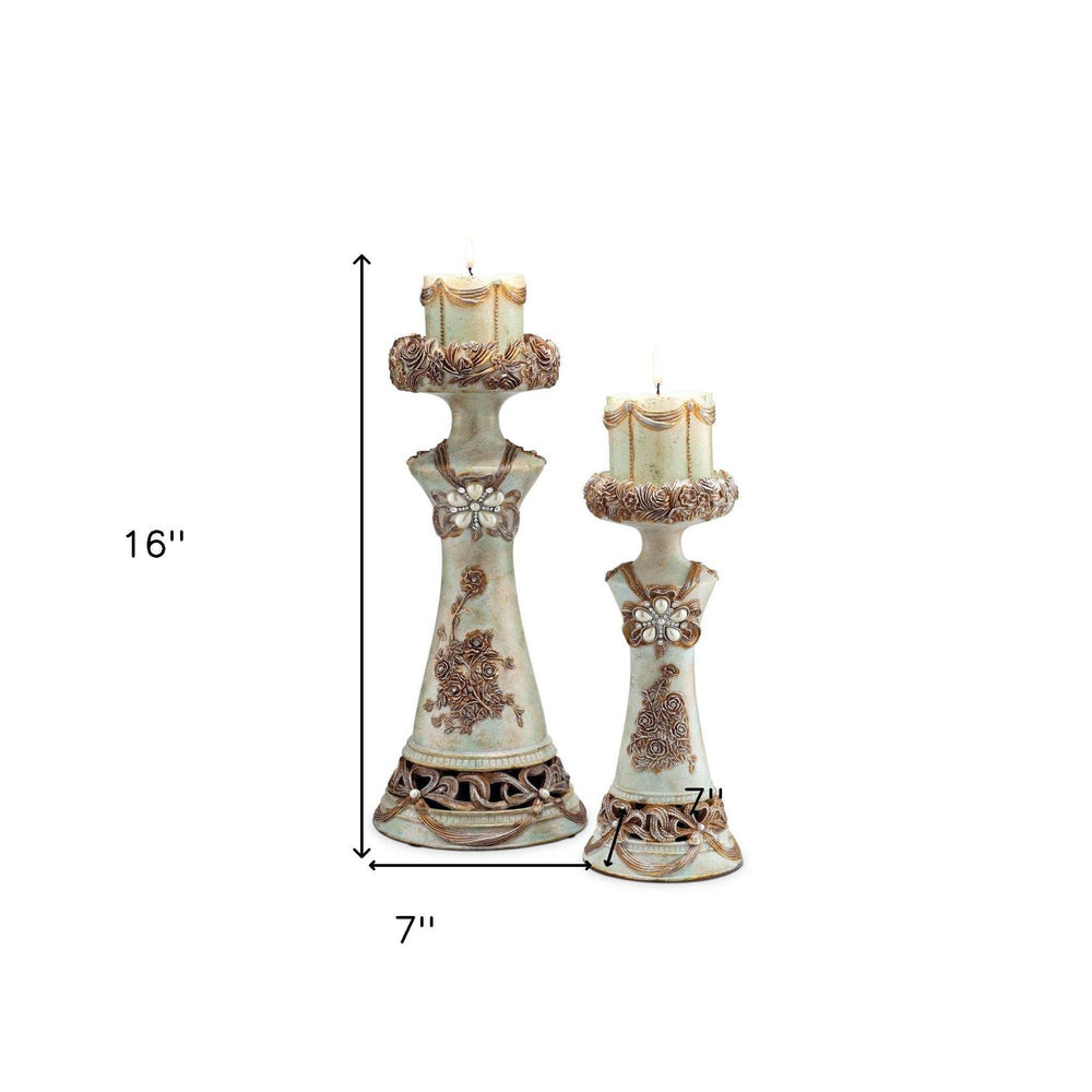 Set of 2 Beige And Brown Vintage Pillar Tabletop Candle Holders - Homeroots - Flyclothing LLC