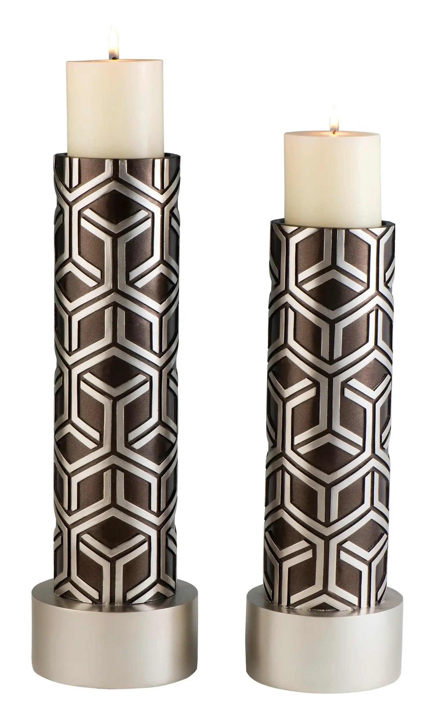 Set Of Two Espresso and Silver Pillar Tabletop Pillar Candle Holders - Homeroots - Flyclothing LLC