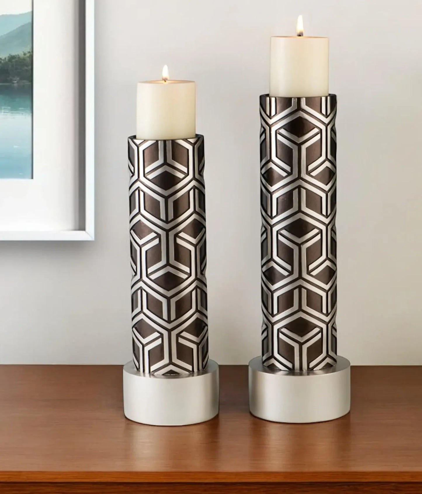 Set Of Two Espresso and Silver Pillar Tabletop Pillar Candle Holders - Homeroots - Flyclothing LLC