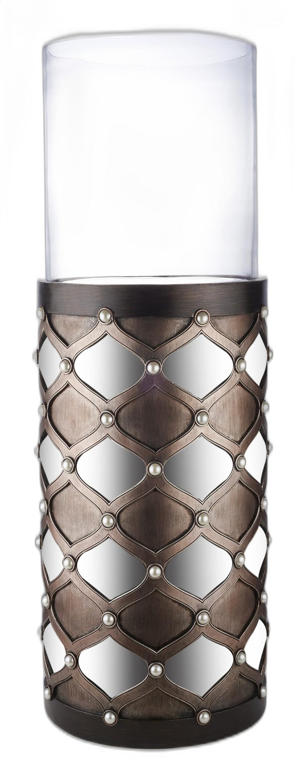 31" Bronze and Silver with Pearls Floor Hurricane Candle Holder - Homeroots