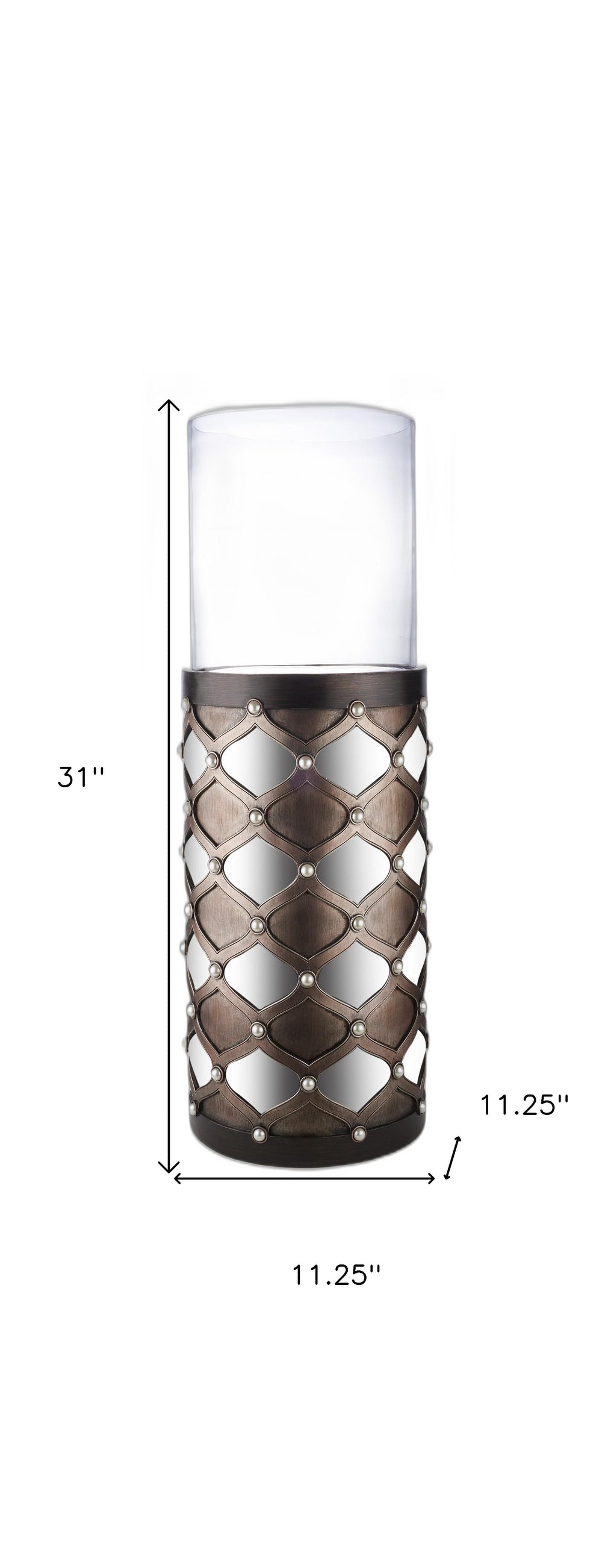31" Bronze and Silver with Pearls Floor Hurricane Candle Holder - Homeroots - Flyclothing LLC