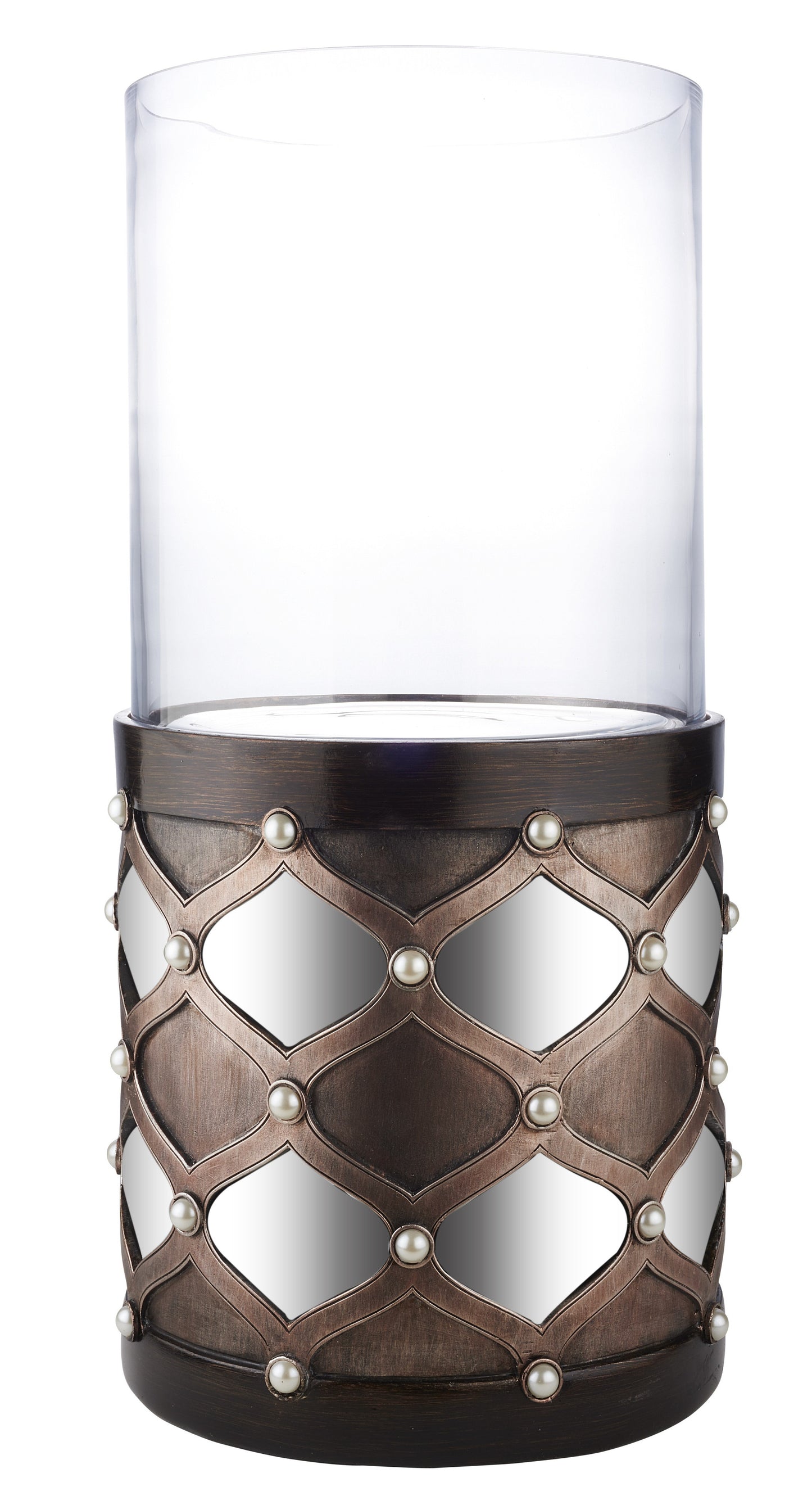 22" Bronze and Silver with Pearls Tabletop Hurricane Candle Holder - Homeroots - Flyclothing LLC