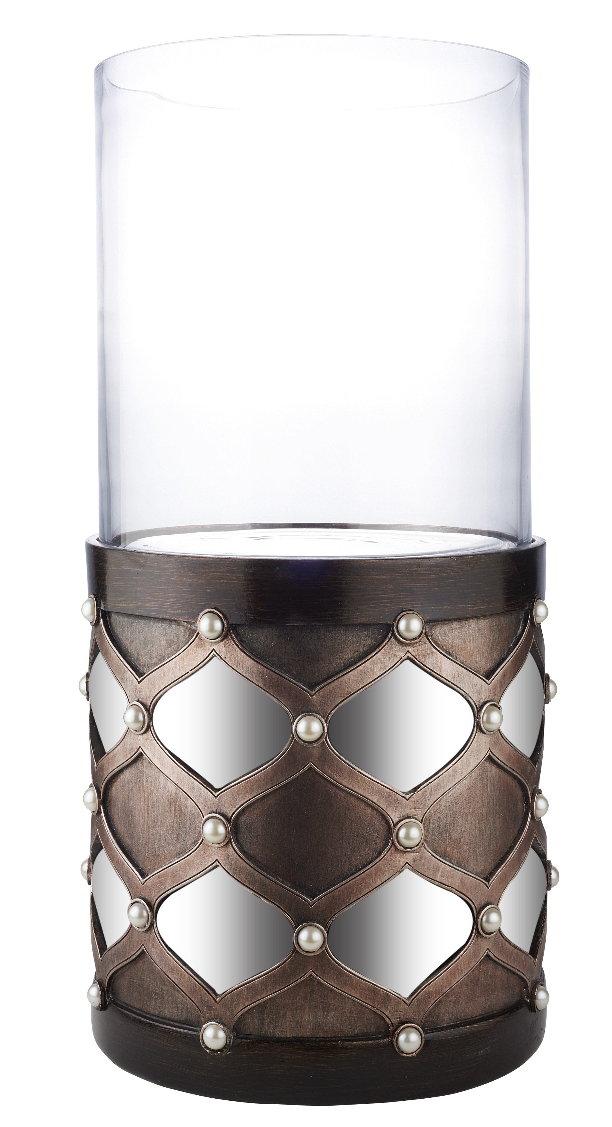 22" Bronze and Silver with Pearls Tabletop Hurricane Candle Holder - Homeroots - Flyclothing LLC