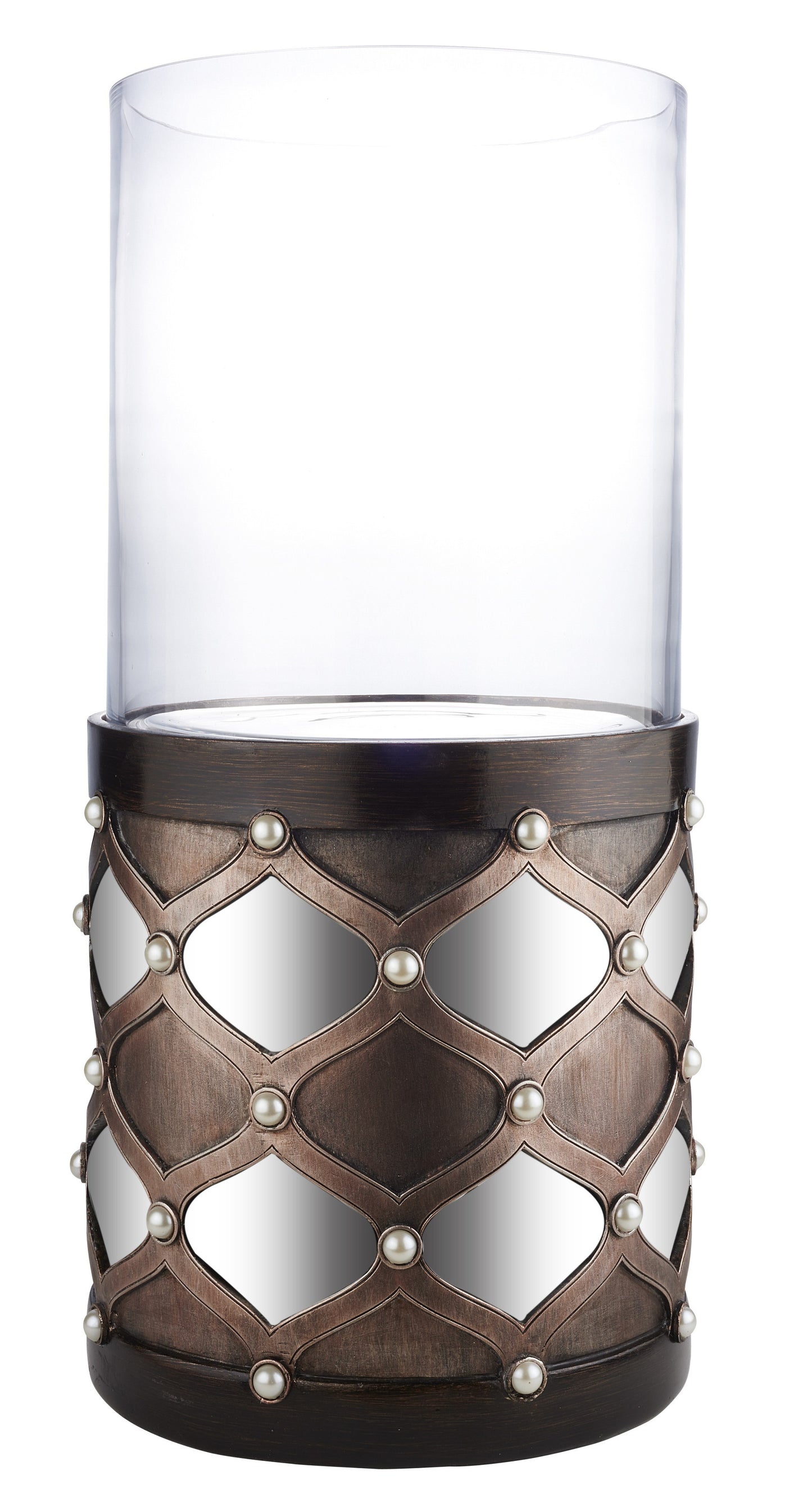 22" Bronze and Silver with Pearls Tabletop Hurricane Candle Holder - Homeroots - Flyclothing LLC