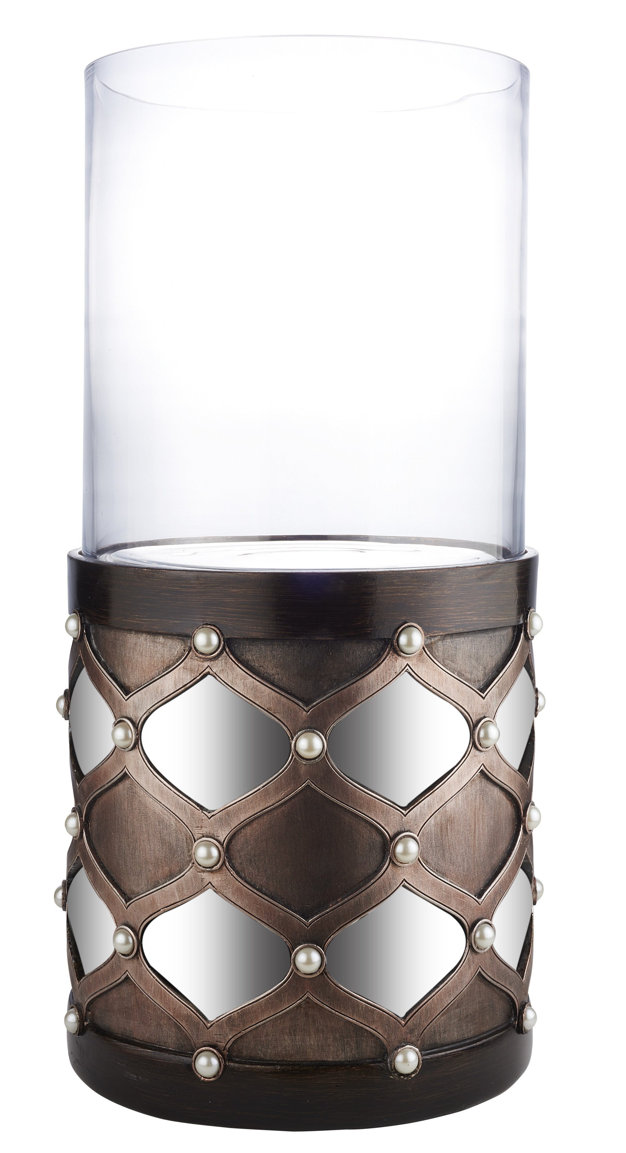 22" Bronze and Silver with Pearls Tabletop Hurricane Candle Holder - Homeroots - Flyclothing LLC