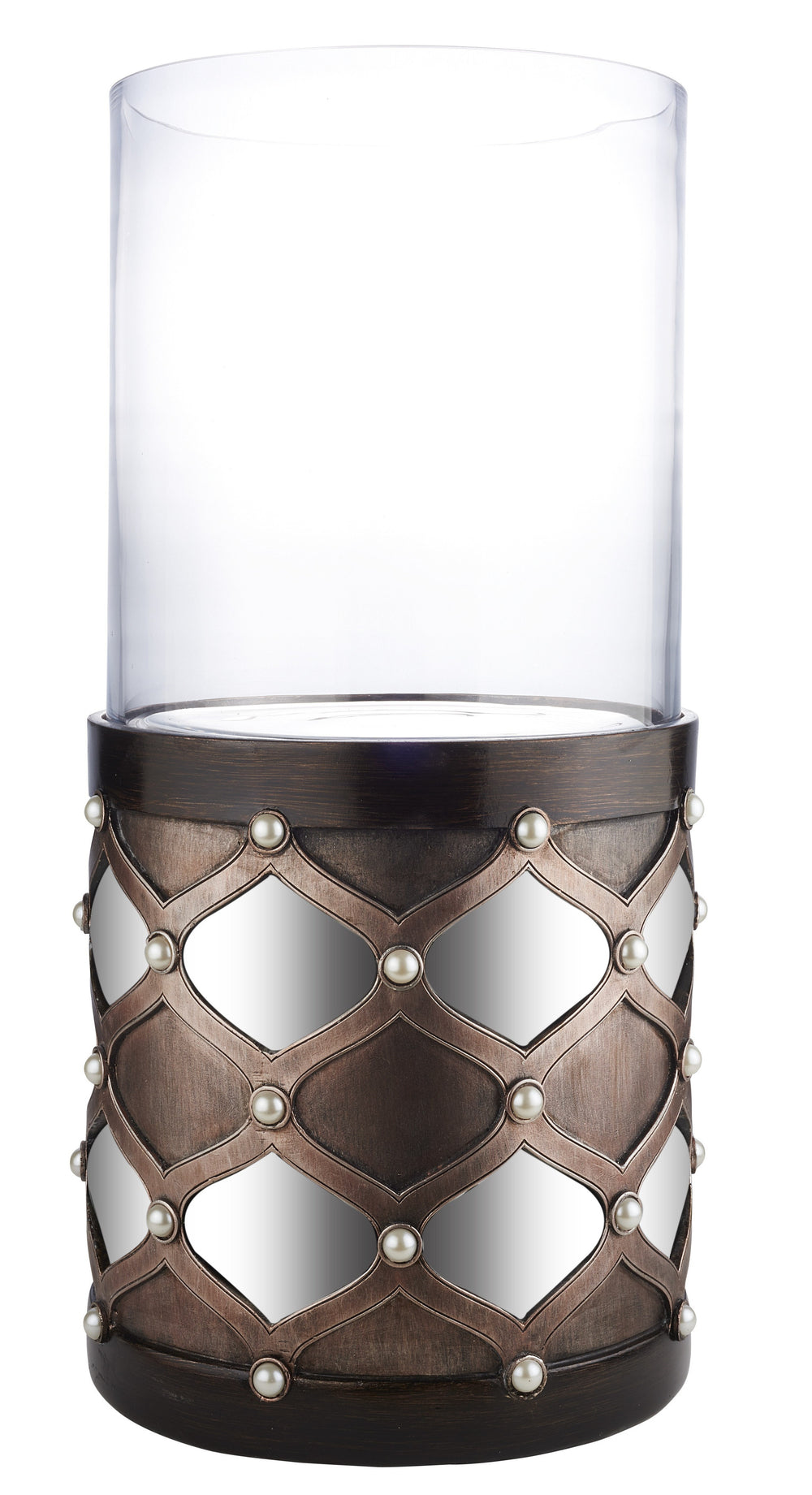 22" Bronze and Silver with Pearls Tabletop Hurricane Candle Holder - Homeroots