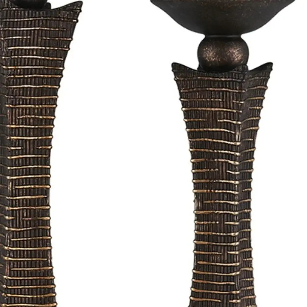 Set of Two Bronze Polyresin Woven Tabletop Pillar Candle Holders With Candle - Homeroots - Flyclothing LLC