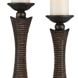 Set of Two Bronze Polyresin Woven Tabletop Pillar Candle Holders With Candle - Homeroots - Flyclothing LLC