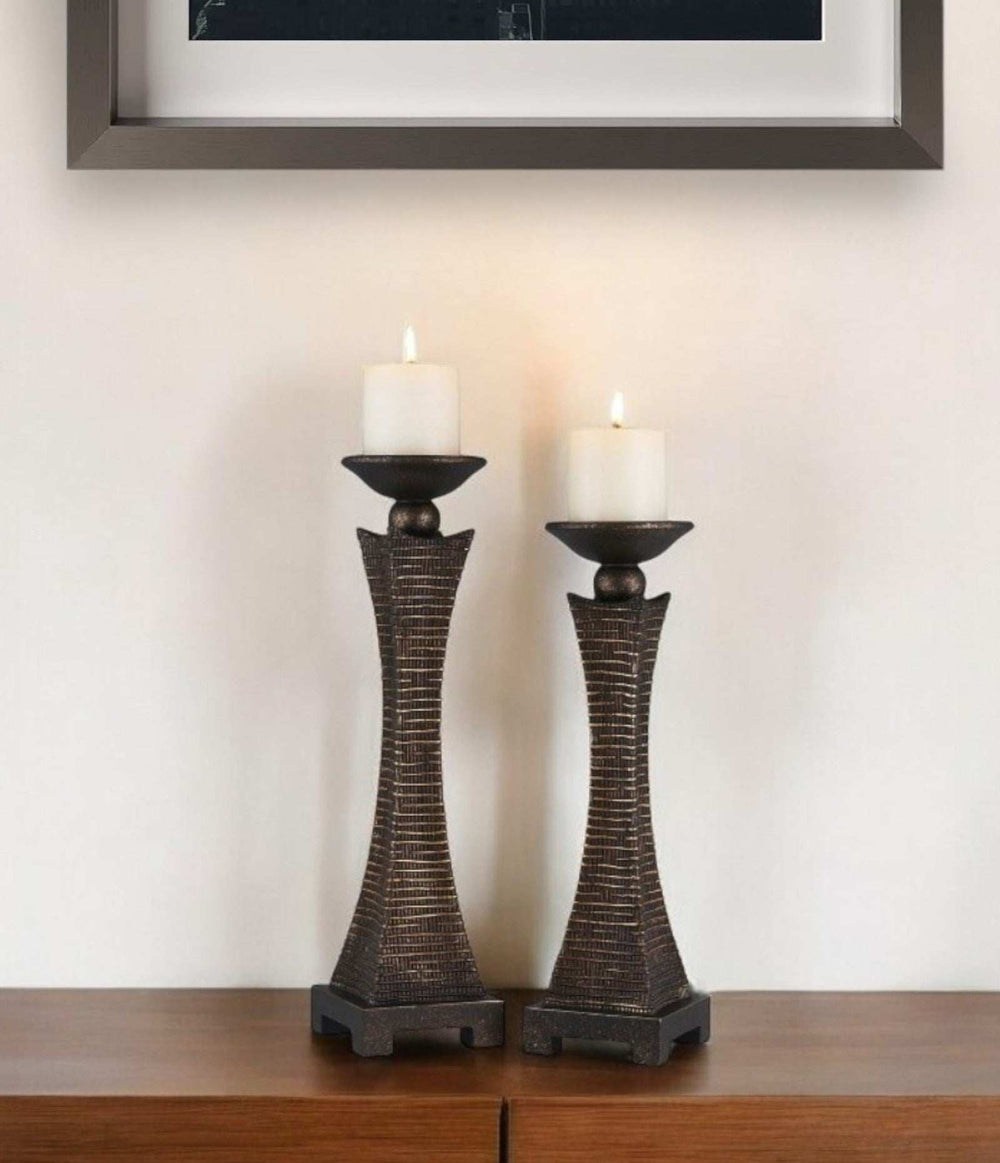 Set of Two Bronze Polyresin Woven Tabletop Pillar Candle Holders With Candle - Homeroots - Flyclothing LLC