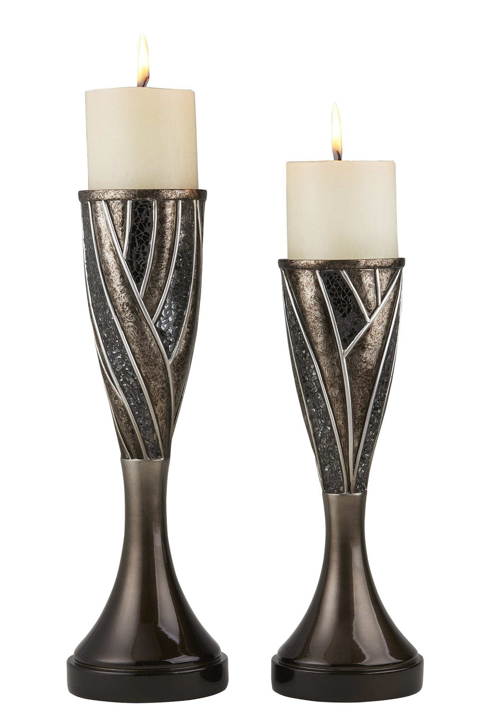 Set of Two Black Silver and Bronze Polyresin Abstract Centerpiece Pillar Candle Holders With Candle - Homeroots - Flyclothing LLC
