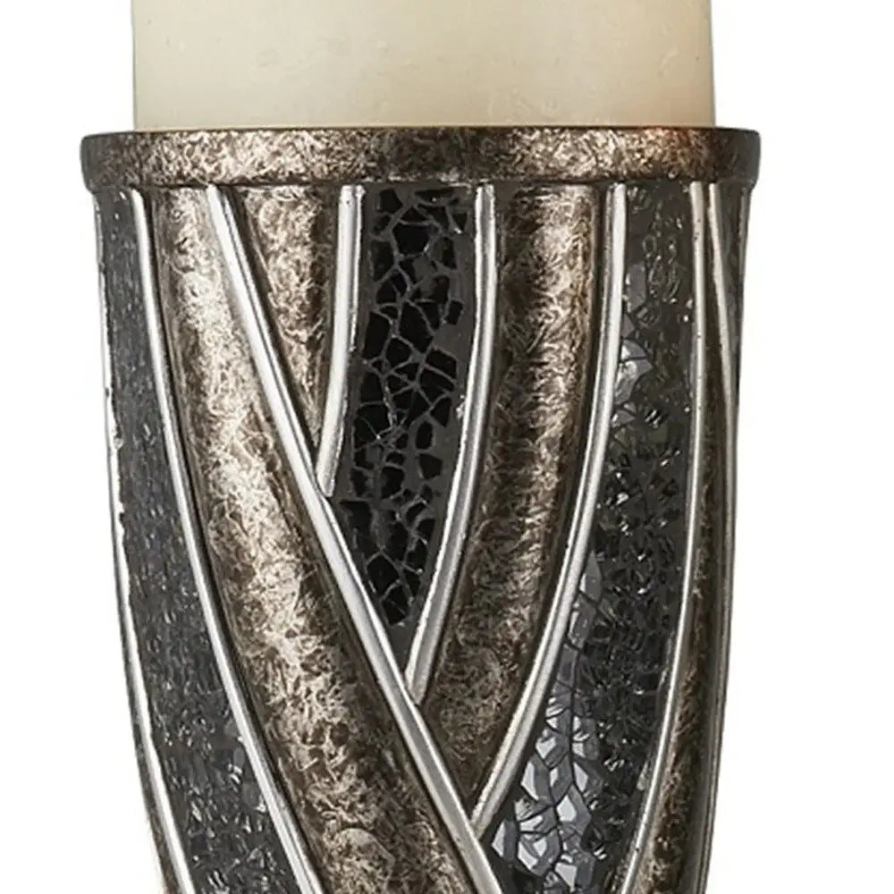 Set of Two Black Silver and Bronze Polyresin Abstract Centerpiece Pillar Candle Holders With Candle - Homeroots - Flyclothing LLC