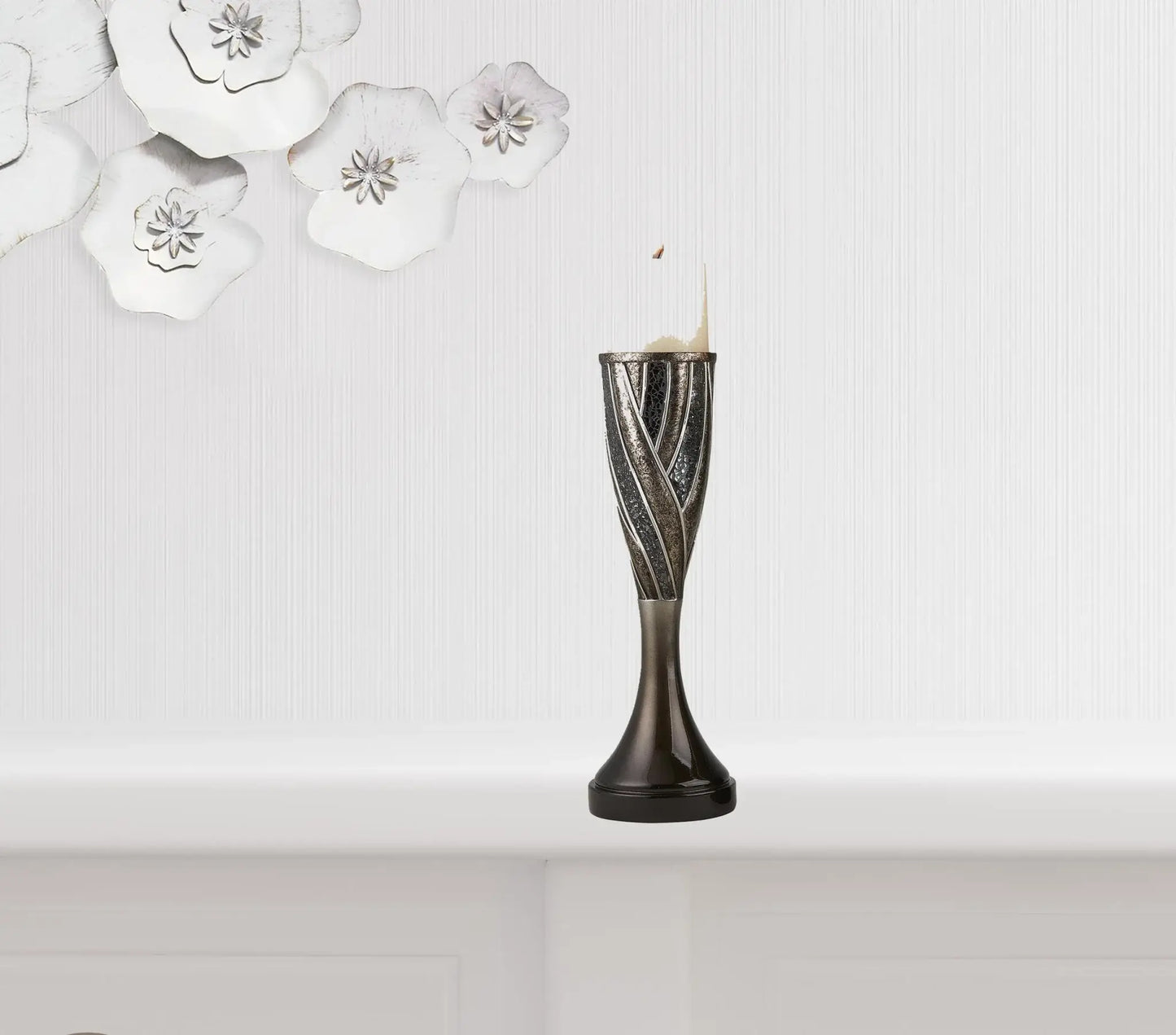 Set of Two Black Silver and Bronze Polyresin Abstract Centerpiece Pillar Candle Holders With Candle - Homeroots - Flyclothing LLC