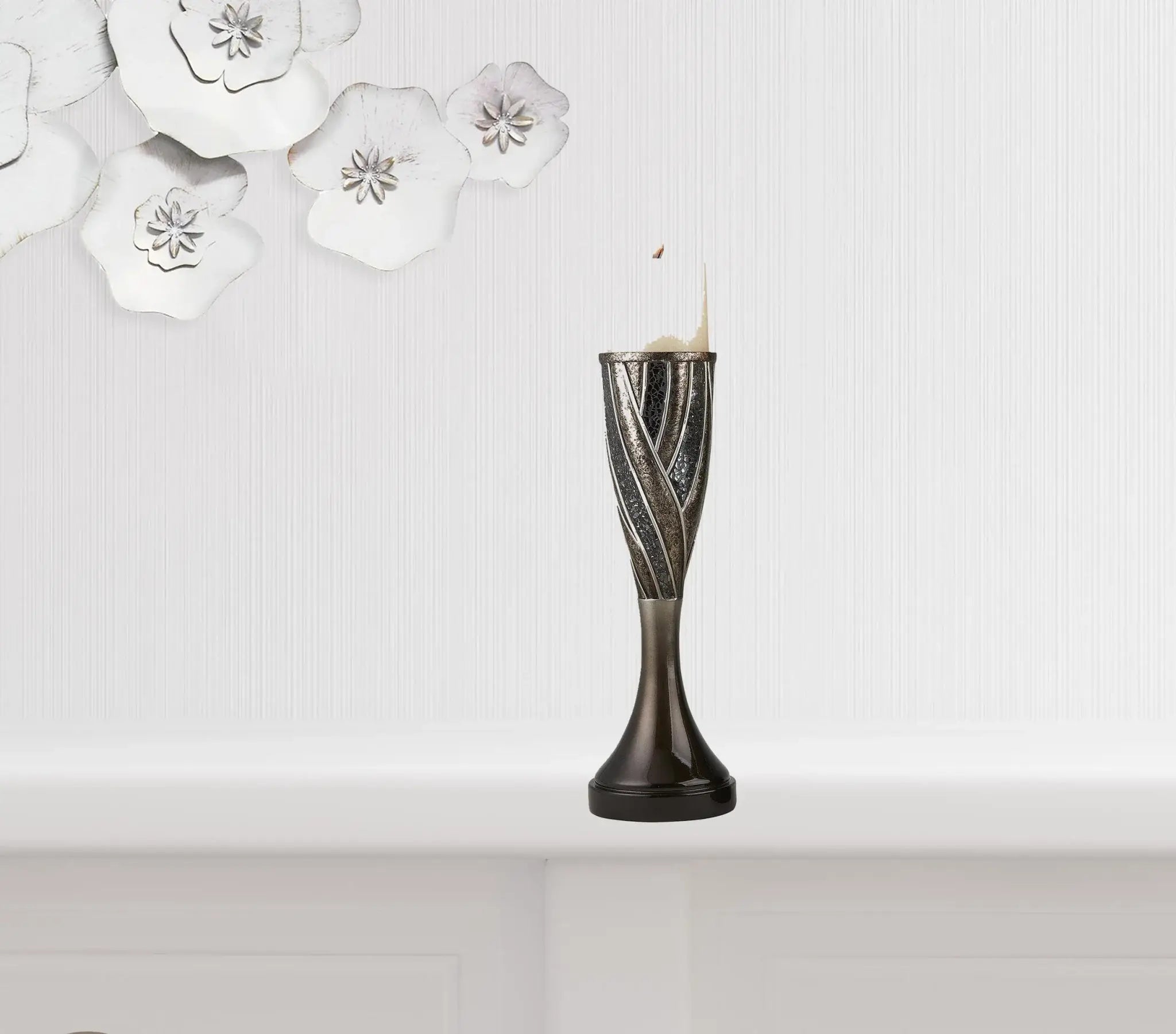 Set of Two Black Silver and Bronze Polyresin Abstract Centerpiece Pillar Candle Holders With Candle - Homeroots - Flyclothing LLC