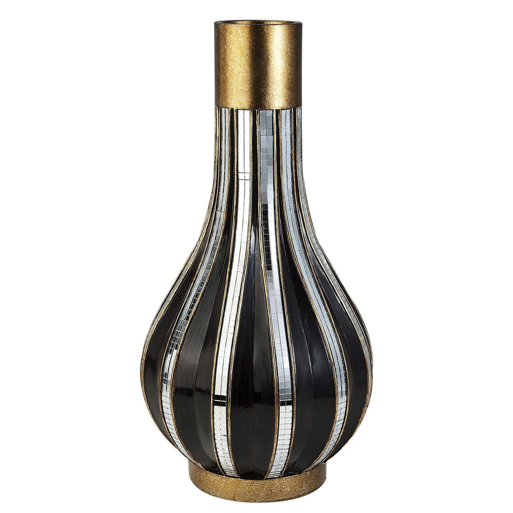 16" Polyresin Gold and Black Striped Round Urn - Homeroots