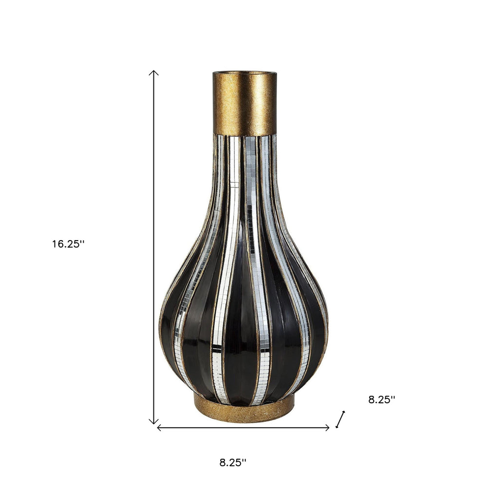16" Polyresin Gold and Black Striped Round Urn - Homeroots