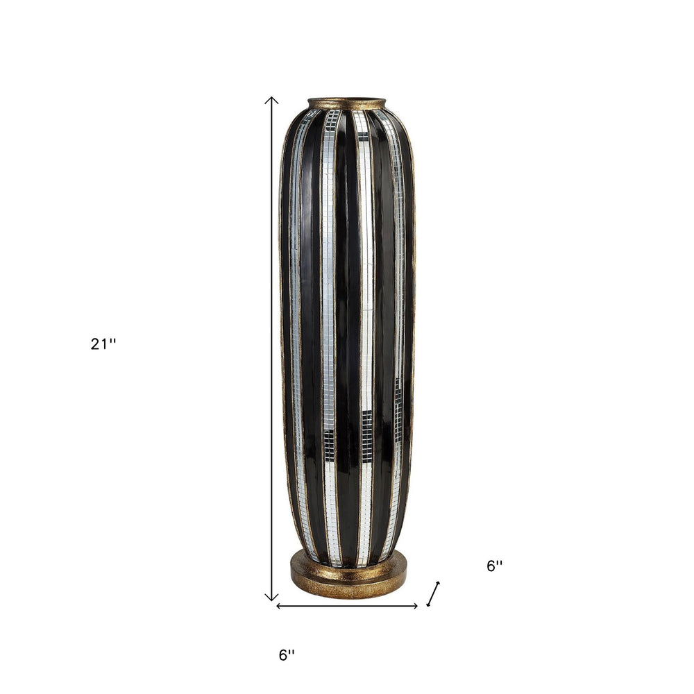 21" Polyresin Black and Silver Striped Round Floor Vase - Homeroots