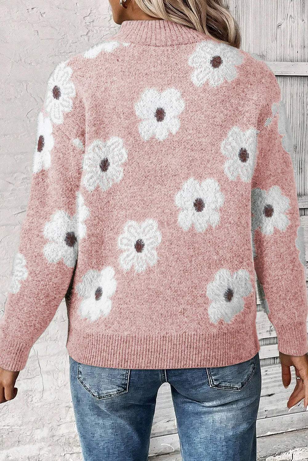 Flower Half Zip Long Sleeve Sweater - Trendsi - Flyclothing LLC