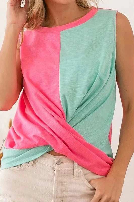 BiBi Slub Terry Color Block Twisted Top - Trendsi - Flyclothing LLC