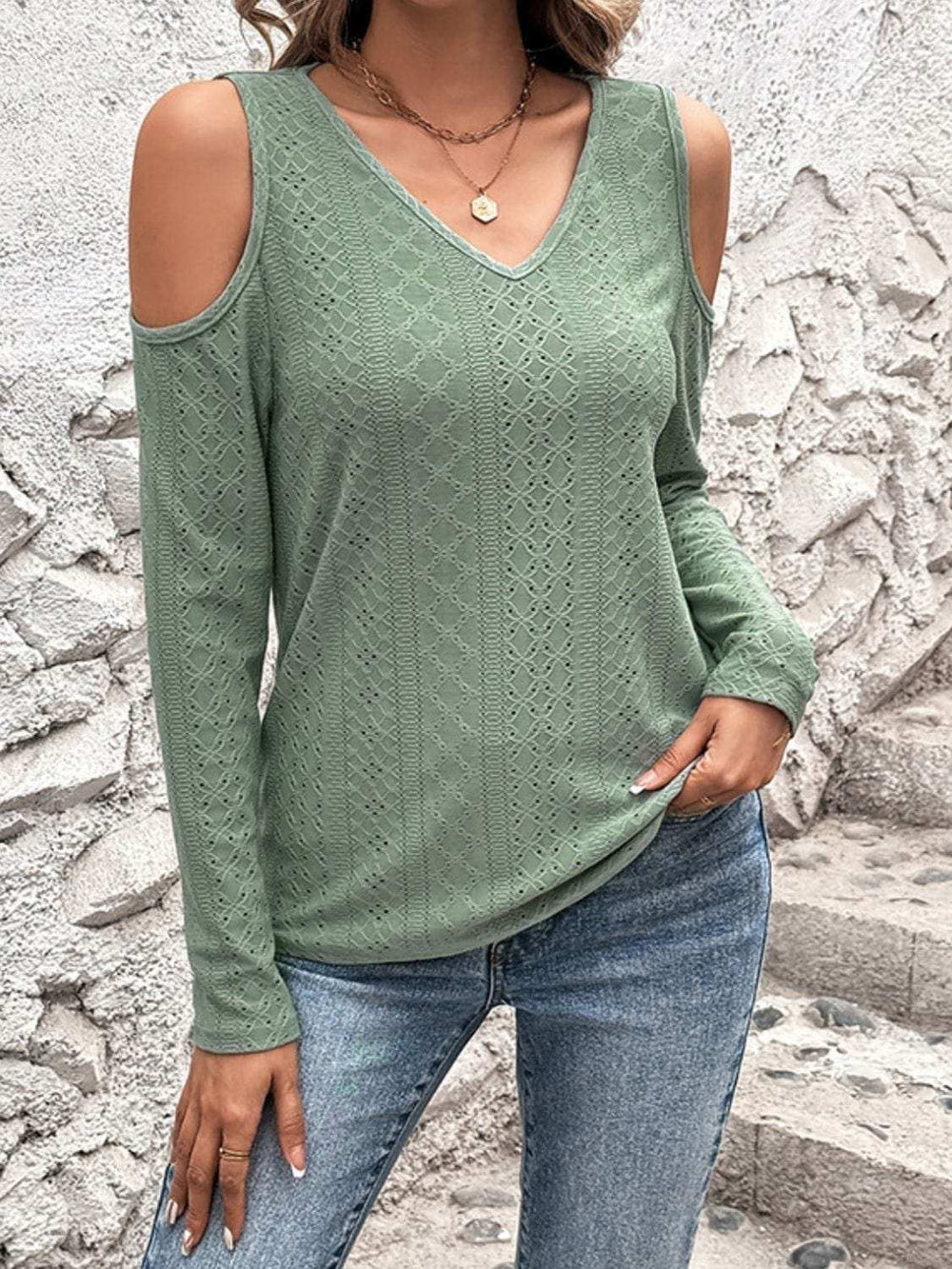 Full Size Eyelet V-Neck Cold Shoulder T-Shirt - Trendsi - Flyclothing LLC