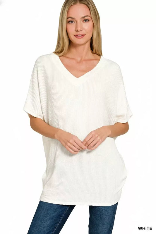 Zenana Raised Rib V-Neck Batwing Top - Trendsi - Flyclothing LLC