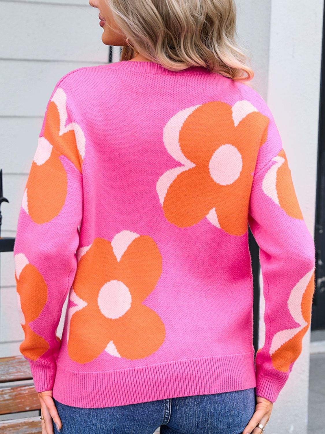 Angel Wings Flower Round Neck Long Sleeve Sweater - Trendsi - Flyclothing LLC