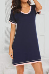 Contrast Trim Short Sleeve Lounge Dress - Trendsi - Flyclothing LLC