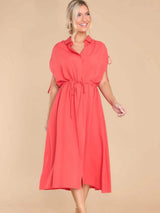 Drawstring Collared Neck Short Sleeve Midi Dress - Trendsi - Flyclothing LLC