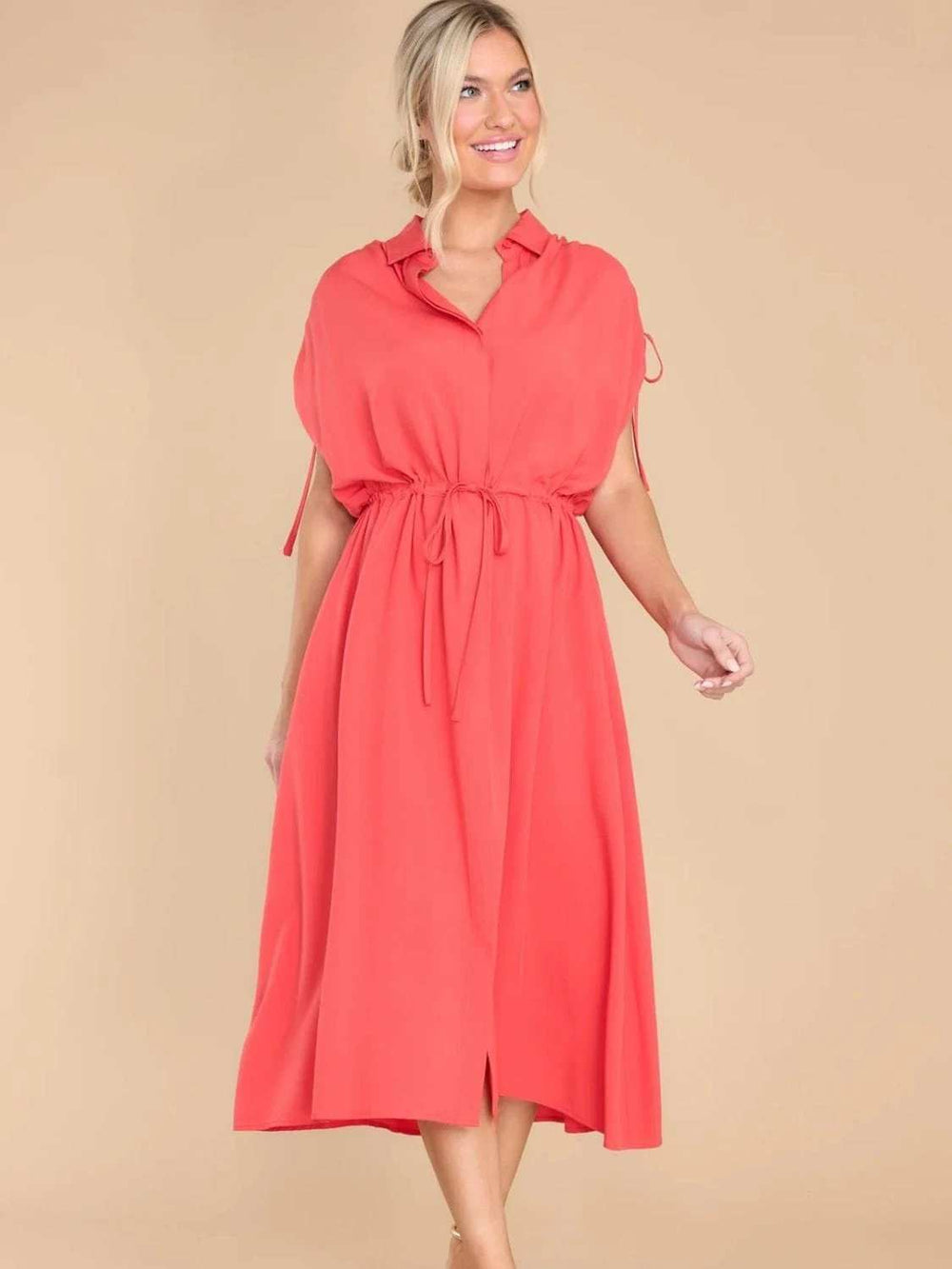 Drawstring Collared Neck Short Sleeve Midi Dress - Trendsi - Flyclothing LLC
