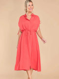 Drawstring Collared Neck Short Sleeve Midi Dress - Trendsi - Flyclothing LLC