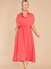 Drawstring Collared Neck Short Sleeve Midi Dress - Trendsi