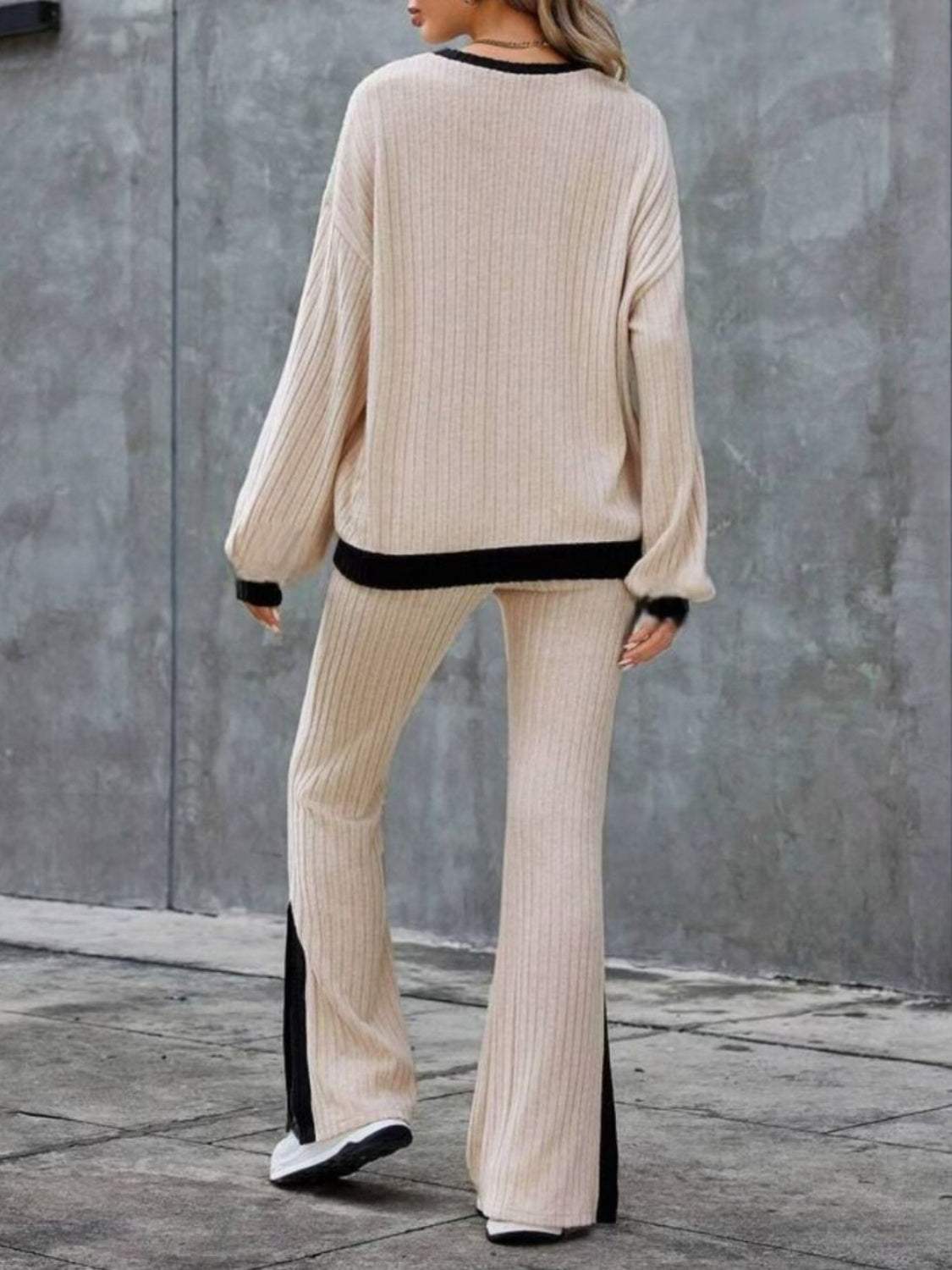 Contrast Round Neck Long Sleeve Top and Bootcut Pants Set - Trendsi - Flyclothing LLC