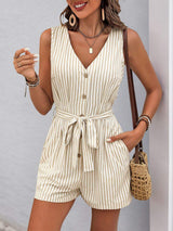 Perfee Striped V-Neck Tie Waist Romper - Trendsi - Flyclothing LLC