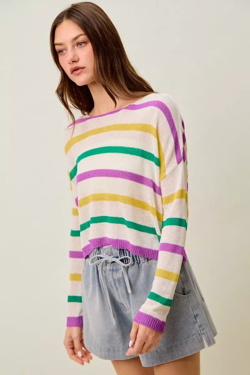 SO ME Mardi Gras Color Stripe Lightweight Sweater Top - Trendsi - Flyclothing LLC