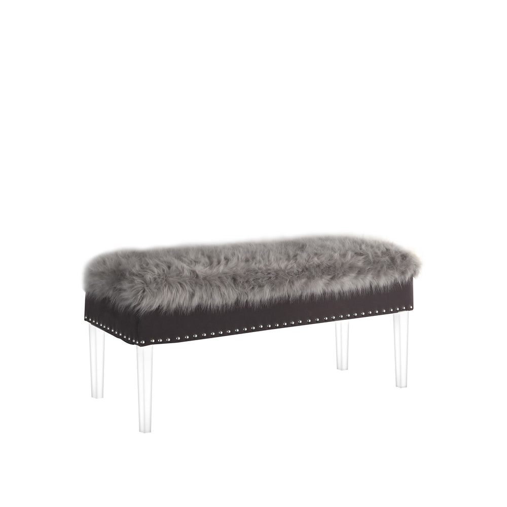 42" Gray and Clear Upholstered Faux Fur Bench with Flip top - Homeroots