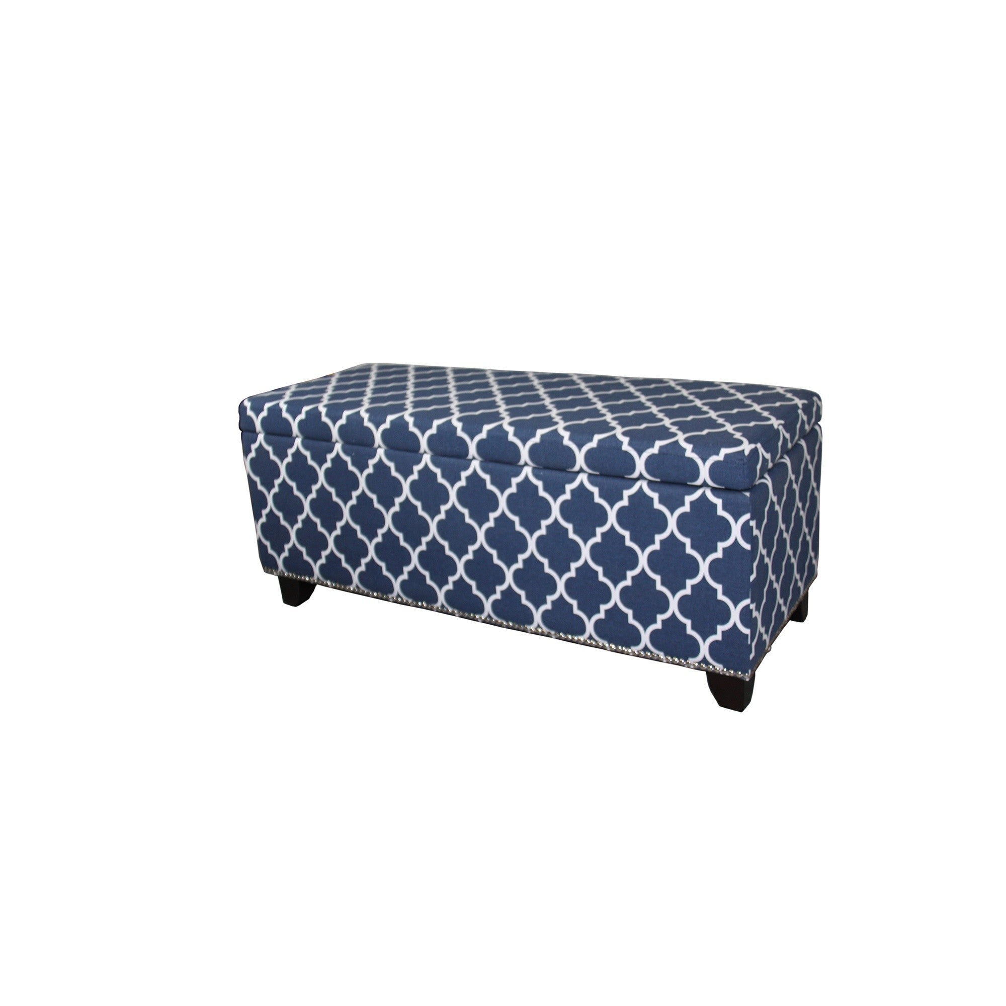 42" Blue and White and Dark Brown Upholstered Polyester Quatrefoil Bench with Flip top - Homeroots - Flyclothing LLC