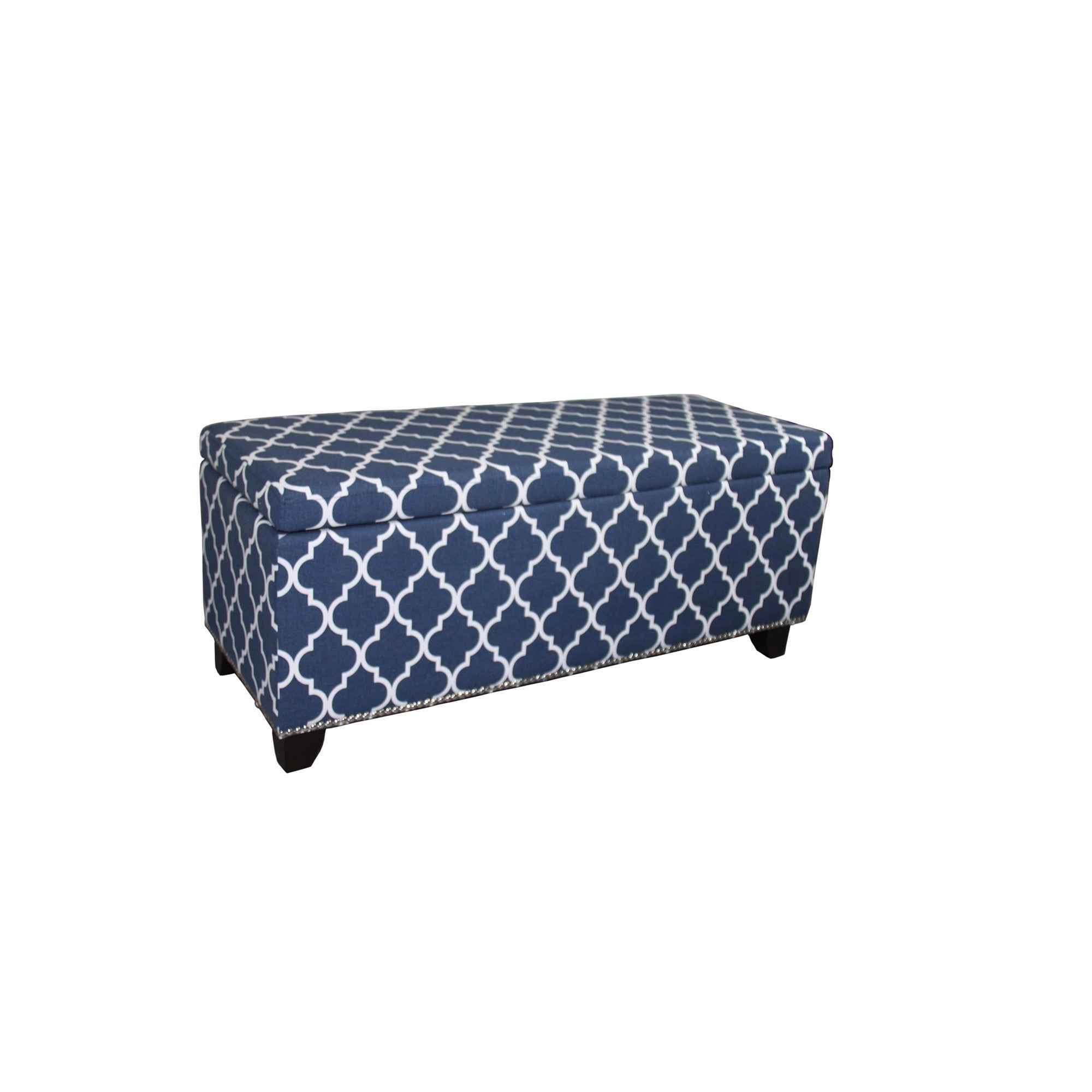 42" Blue and White and Dark Brown Upholstered Polyester Quatrefoil Bench with Flip top - Homeroots - Flyclothing LLC