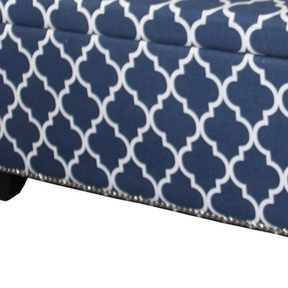 42" Blue and White and Dark Brown Upholstered Polyester Quatrefoil Bench with Flip top - Homeroots
